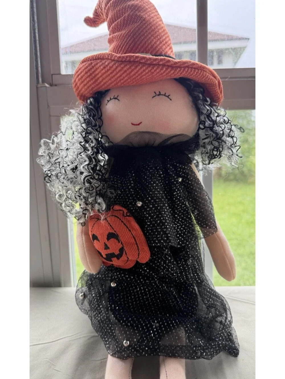 Halloween Shelf Sitter Plush Witch Doll Holding Pumpkin 16” By Magical Season